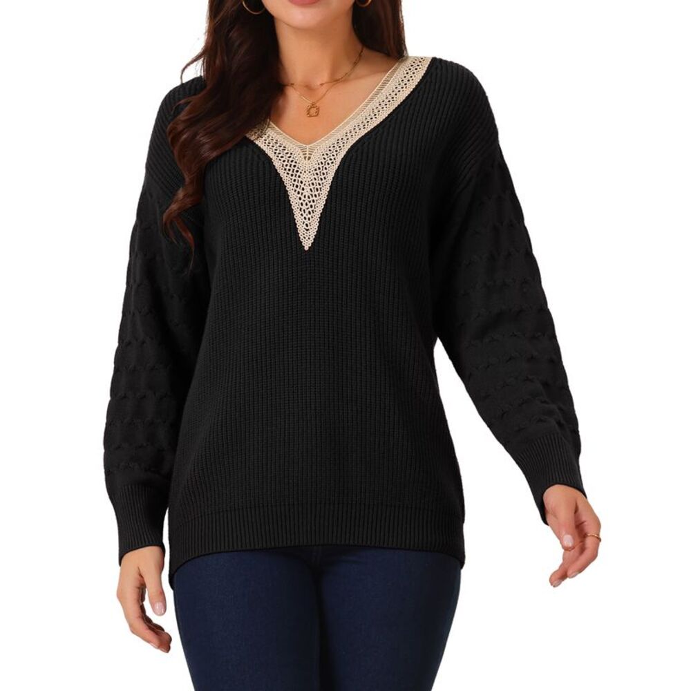Long Sleeve Lace V Neck Knit Winter Drop Shoulder Pullover Sweater Tops Black